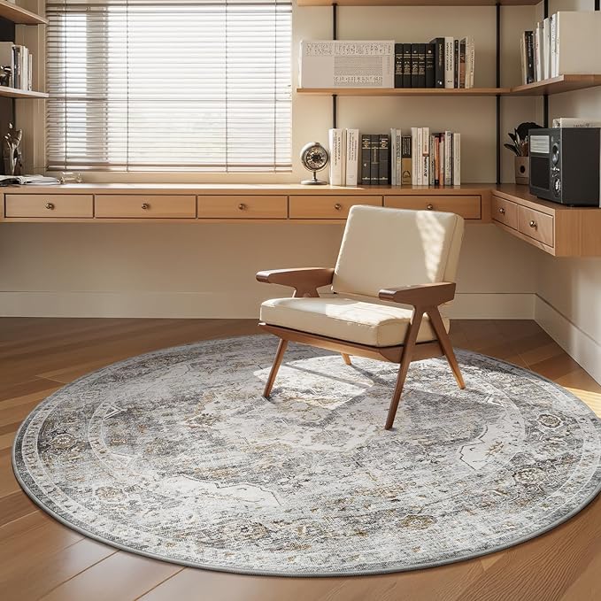 AMOAMI-6FT Round Rug-Rugs for Living Room-Vintage Soft Grey Rugs for Bedroom-Non Slip Circle Rug-Machine Washable Rug for Dining Room Living Room Bedroom Office Under Table-Ruum Studio Home