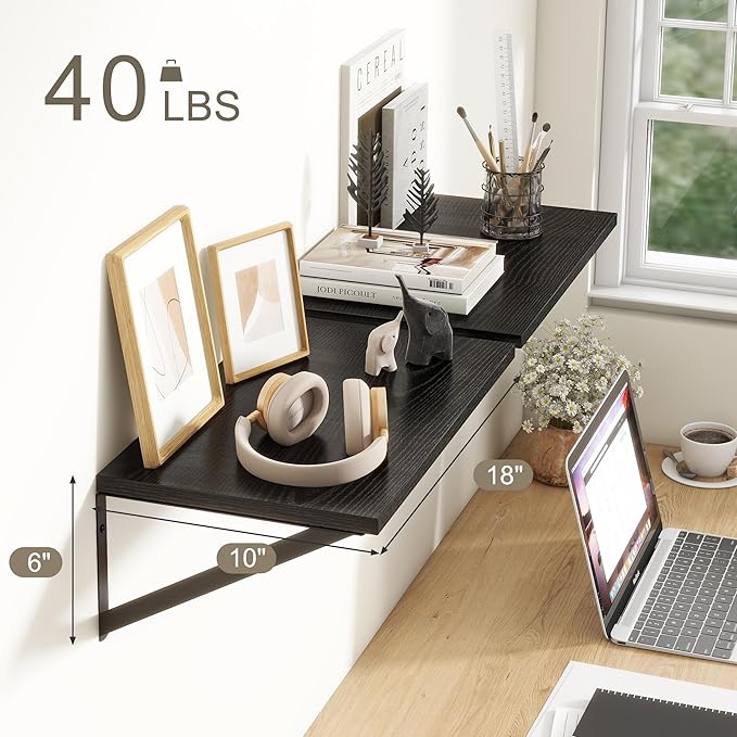 Fun Memories Black Floating Shelves 18 Inch Long, Rustic Floating Shelf with Brackets, 10 Inch Deep Wall Shelves, Black Bathroom Shelves, 18 x 10 Storage Shelf for Kitchen, Living Room, Set of 2-Ruum Studio Home