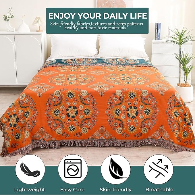 Throw Blanket for Couch Bed Chair,100% Cotton Soft Lightweight Blanket Rustic Quilt -Orange Floral Printed Farmhouse Decor Bed All Season Blankets,90"×98"-Ruum Studio Home