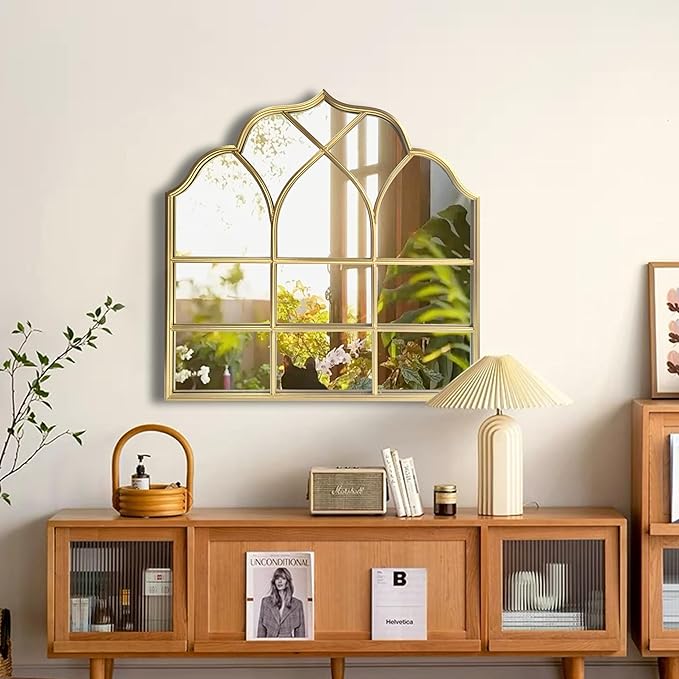 Window Mirror Pane Scalloped, Wide Arched Gold Mirrors Decorative, Cathedral Arch Wall Decor with Metal Windowpane Grid for Mantle Entryway Fireplace Hallway Living Room-Ruum Studio Home