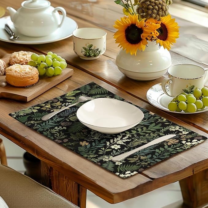Black Sage Green Plant Placemats Set of 4 Vintage Botanic Fern Leaves Herb Floral Place Mats Rustic Farmhouse Linen Fabric Table Mats for Party Kitchen Dining Outdoor Indoor Decor-Ruum Studio Home