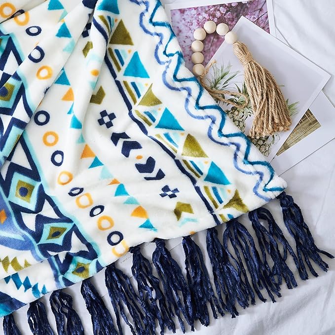 CASAAGUSTO Boho Throw Blanket - Blue and White Decorative Blankets with Tassel, Printed Flannel Bohemian Blanket for Chair, Bed, Sofa, Couch(50 * 60, Blue and White)-Ruum Studio Home