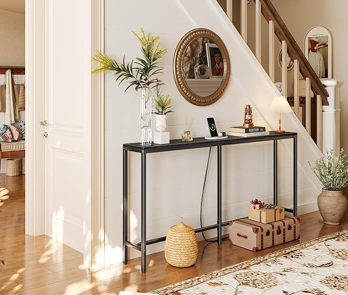 SUPERJARE Console Table with Outlet, 63 Inch Sofa Table with Charging Station, Narrow Entryway Table, Skinny Hallway Table, Behind Couch Table, for Living Room, Plants, Black-Ruum Studio Home