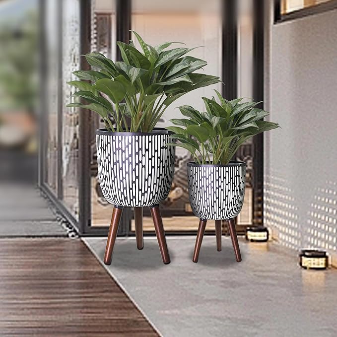 2 Set Plant Pot with Stand 10 & 12 inches, Mid-Century Large Planter with Legs for Indoor Plants, Boho Print Standing Plant Pot with Drainage Plug for Monstera, Herb, Succulent Flower Pot-Ruum Studio Home
