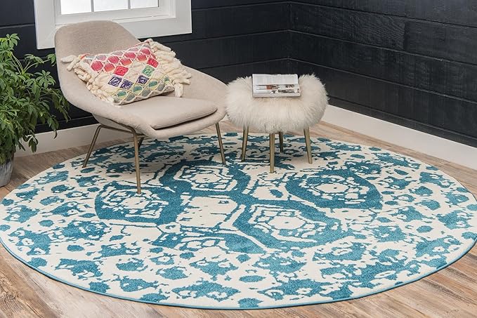 Unique Loom Rosso Collection Vintage Traditional Distressed Blue Round Rug (8' 0 x 8' 0)-Ruum Studio Home