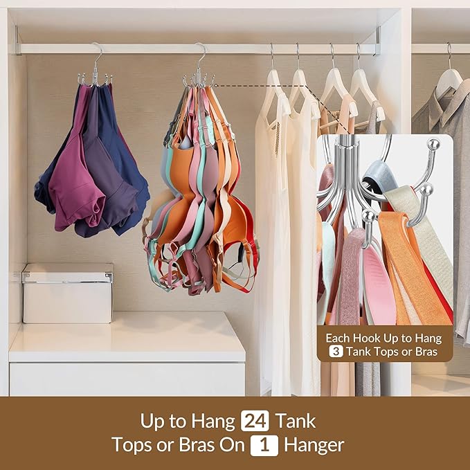 ZEDODIER Tank Top Hanger, 2 Pack Rotatable Bra Organzier for Closet, Max 48 Storage Capacity Sport Bra Holder, Metal Space Saving Closet Organizers and Storage, Silver-Ruum Studio Home