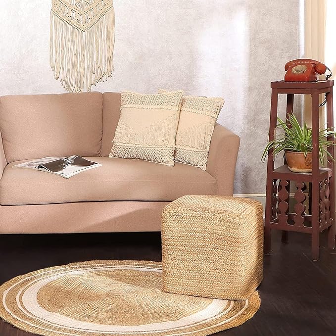 REDEARTH · Cube Pouf Foot Stool Ottoman - Jute Braided Pouffe Poof Accent Sitting - Set of 2 Footrest for The Living Room, Bedroom, Nursery, Patio, Lounge, Office - 14.5”x14.5”x16” - Natural-Ruum Studio Home