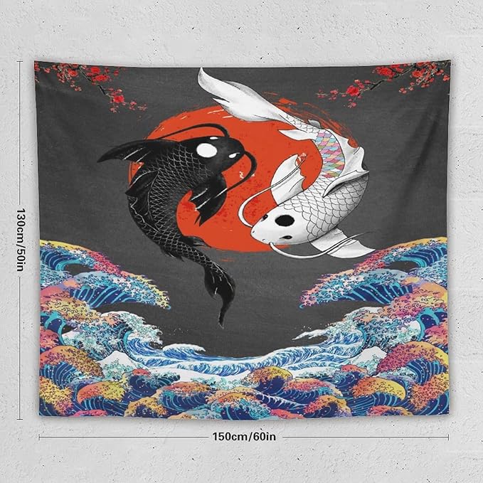 Houselerax Japanese Koi Fish Tapestries, Yin Yang Big Wave Cherry Blossom Tapestry Wall Hanging for Bedroom Living Room Office Decor 60"x50"-Ruum Studio Home