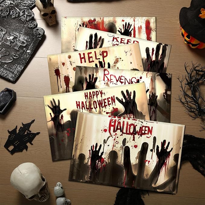 Umigy 6 Pcs Halloween Placemats 12"x18" Gothic Bat Placemats Kitchen Decoration Washable Witch Place Mats Rectangle Skull Table Mats for Halloween Dining Table Accessories (Bloody Hands Style)-Ruum Studio Home