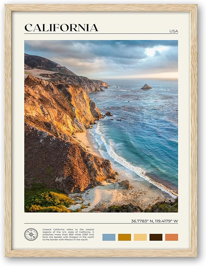HesenDot Natural OAK Wood Coastal California Refers Framed Wall Art,12x16in Natural Seascape Canvas Wall Print,Classic Urban Landmark Wall Decor for Living Room,Bedroom,Office Gallery Gifts Set of 1-Ruum Studio Home