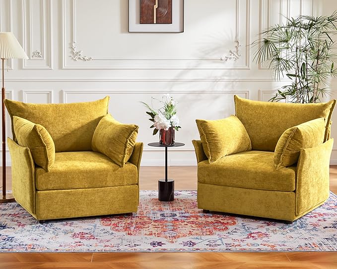 Oversized Accent Chair, Upholstered Modern Sofa Chair with Removable Backrest & Detachable Cover, 24.5" Deep Seat Large Reading Armchair for Living Room Bedroom Office-Chenille Yellow Set of 2-Ruum Studio Home