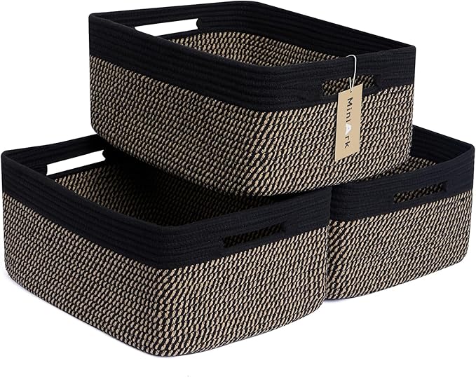 Large Storage Baskets for Shelves, Closet Organizers Bins for Clothes Blanket Towels, Baby Nursery, Toy Baskets Box, Woven Rope Baskets, 17 x 13 x 7.5”, 3 Packs Woven Brown-Ruum Studio Home