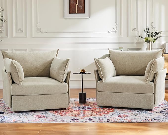 Oversized Accent Chair, Upholstered Modern Sofa Chair with Removable Backrest & Detachable Cover, 24.5" Deep Seat Large Reading Armchair for Living Room Bedroom Office - Chenille Beige Set of 2-Ruum Studio Home
