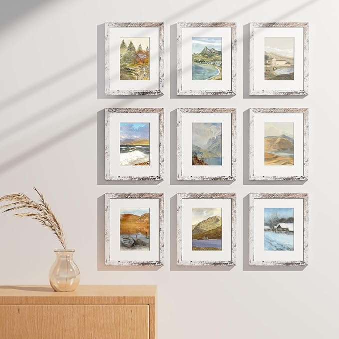 Vittanly 8x10 Picture Frames Set of 9, Shatter Resistant Plexiglass, Display 5x7 Pictures with Mat or 8x10 without Mat, Photo Frames for Wall or Tabletop, Engineered Wood, Distressed White-Ruum Studio Home
