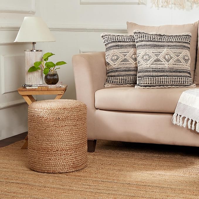 REDEARTH · Cylindrical Pouf Ottoman - Braided Pouffe Accent Sitting Round Footrest for Living Room, Bedroom, Nursery, kidsroom, Patio, Gym; 100% Jute (14.5"X14.5"X16"; Natural)-Ruum Studio Home