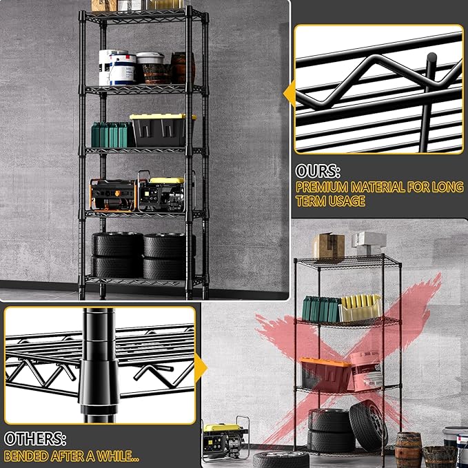 1250 lbs 5 Tier Shelf Metal Storage Shelves Wire Rack Closet Organizers for Garage Kitchen Bathroom Laundry Black 11.8" D x 23.6" W x 59.5" H-Ruum Studio Home