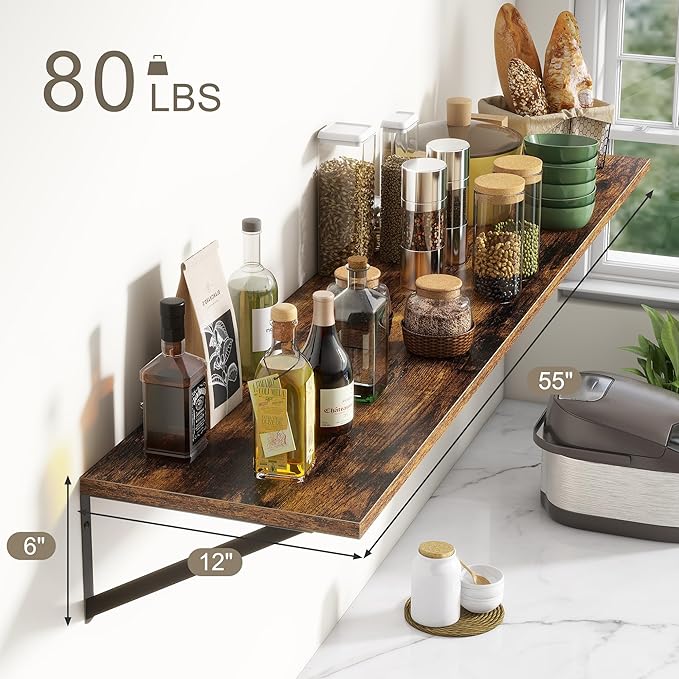 Fun Memories Deep Floating Shelves, 55W x 12D Floating Shelves for Wall, Wood Floating Shelf with Bracket, Wide Display & Storage Wall Shelves for Living Room, Bedroom, Rustic Brown-Ruum Studio Home