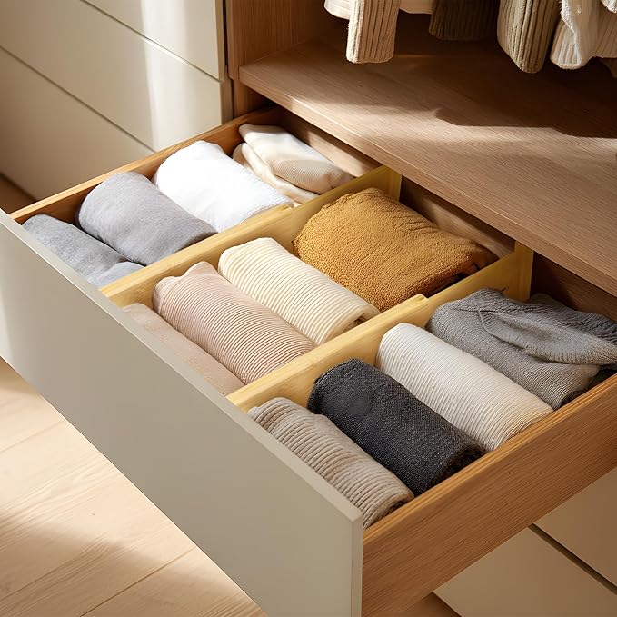 VaeFae 3 Pack Bamboo Drawer Dividers, 4" High Adjustable 11.9-17.1" Clothes Drawer Organizers, Expandable Separators for Bedroom/Bathroom/Kitchen/Office Storage-Ruum Studio Home