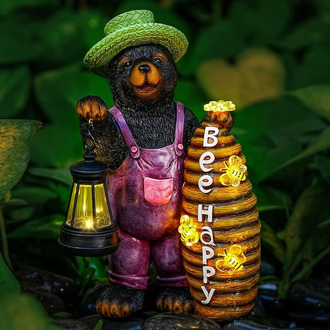 Solar Adorable Bear Garden Statue with Beehive and Lantern - “Bee Happy” Resin Outdoor Decoration for Yard, Patio, or Home Decor-Ruum Studio Home