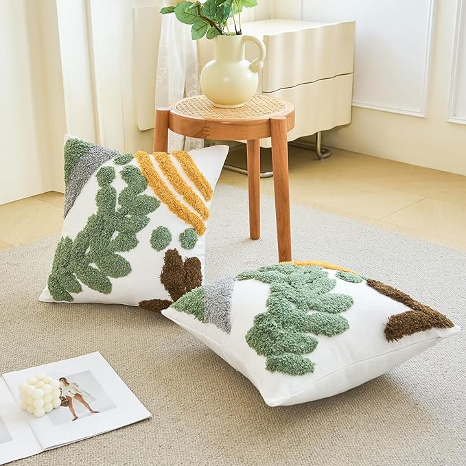 HOdo Home 18x18 Throw Pillow Covers, 2PCS Tufted Boho Jacquard Pillow Covers,Farmhouse Decorative Pillow Cover,Pillow Cases for Couch Sofa Bed Stylish Decor, Simple Textured Cushion Sham-Ruum Studio Home