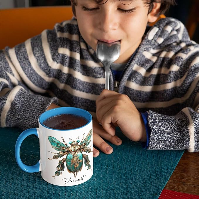 Unique Mechanical Insect Art Ceramic Cup, Personalized Steampunk Beetle Design Coffee Mug 11oz, Custom Name White Mug For Science Fiction Enthusiasts, Customized Insect Ceramic Mug-Ruum Studio Home