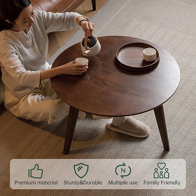100% Solid Oak Wood Coffee Table Set, Round Coffee Table Combo Side Table w/Solid Wood Legs, Mid Century Table Sturdy Tables for Bedroom Balcony Living Room (Walnut, 3 Pieces)-Ruum Studio Home