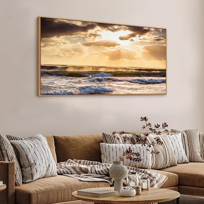 Framed Sunset Ocean Wall Art - Canvas Wall Decor Glow Sea Scene Nature Landscape Prints Sunset Over the Ocean Painting Artwork Living Room Bedroom Office Home 24" x 48"-Ruum Studio Home