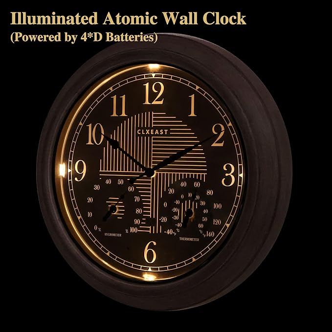 CLXEAST 18 Inch Farmhouse Illuminated Outdoor Atomic Wall Clock with Thermometer & Hygrometer Combo, Night Lighted Wall Clock with Smart Sensor, Weather Stations,Brushed Grey Oak Finish-Ruum Studio Home