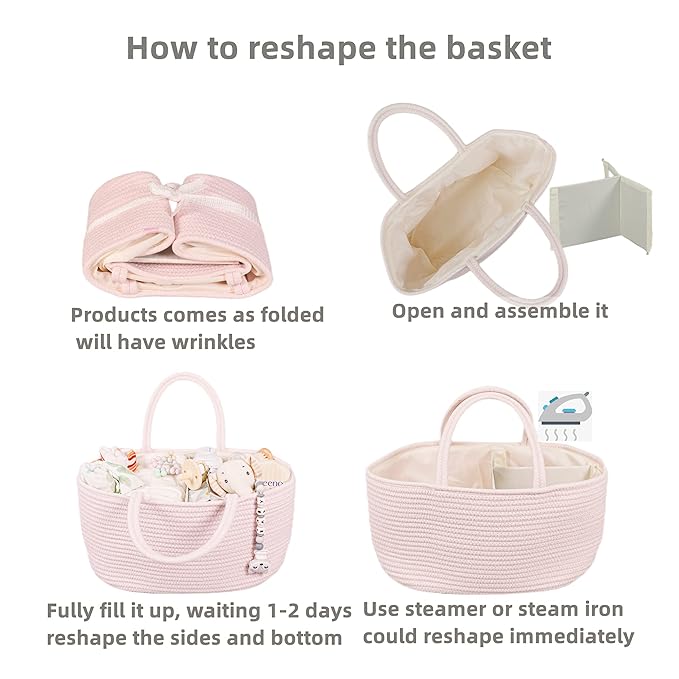 Large Baby Diaper Caddy Organizer for Girl Boy Rope Nursery Storage Bin Basket Portable Holder Tote Bag for Changing Table Car Travel Baby Shower Gifts Newborn Essentials Registry Must Haves Pink-Ruum Studio Home