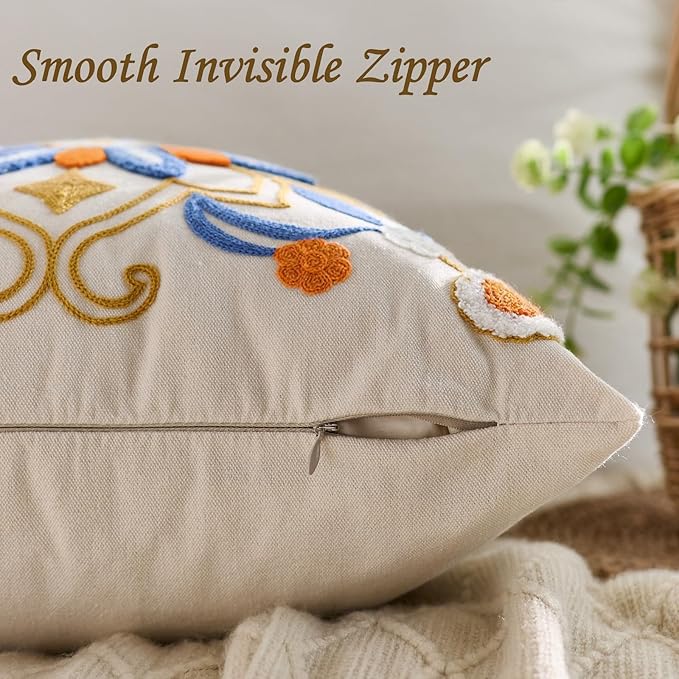 Embroidered Throw Pillow Cover 18x18 Classic Boho Floral Pattern Pillows Cover Outdoor Decorative Pillowcase,Durable Cozy Textured Cushion Case for Sofa Couch Bed Living Room,Orange Blue-Ruum Studio Home