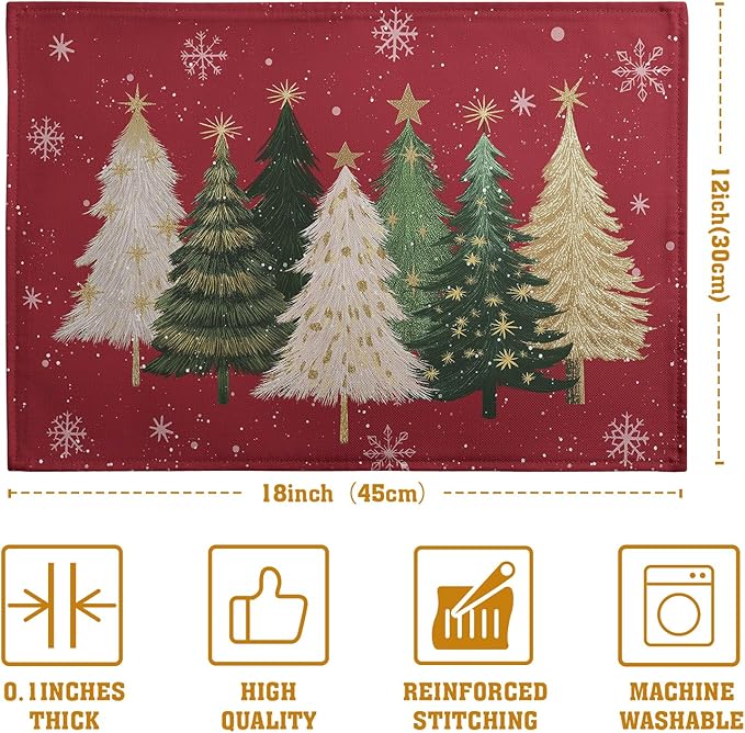 Red Christmas Tree Placemats Set of 4, 12x18 Inch Xmas Trees Snowflakes Winter Holiday Place Mats Seasonal Washable Linen Table Mat for Indoor Outdoor Kitchen Dining Party Decor-Ruum Studio Home
