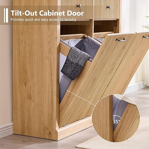 Modern Double Tilt-Out Trash Cabinet, 20 Gallon Fluted Laundry Hamper Cabinet with 2 Drawers, Wooden Hidden Garbage Can Cabinet with Storage Basket for Kitchen & Living Room, Natural Oak-Ruum Studio Home