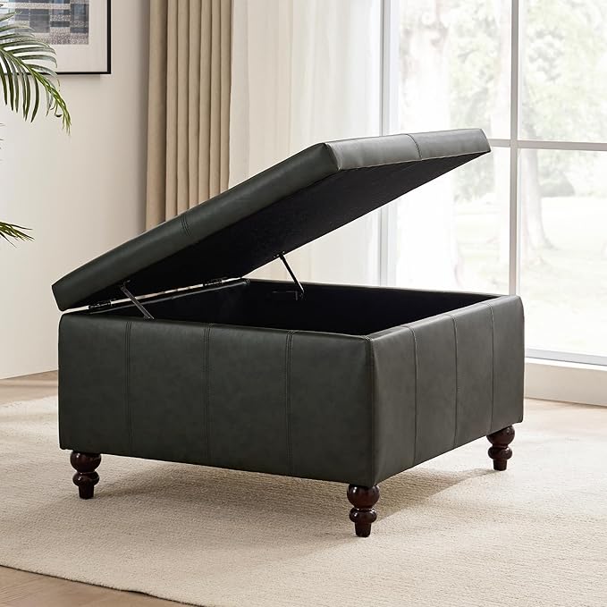 HUIMO Square Leather Storage Ottoman,Ottoman Coffee Table with Storage for Living Room (Vintagegreen)-Ruum Studio Home