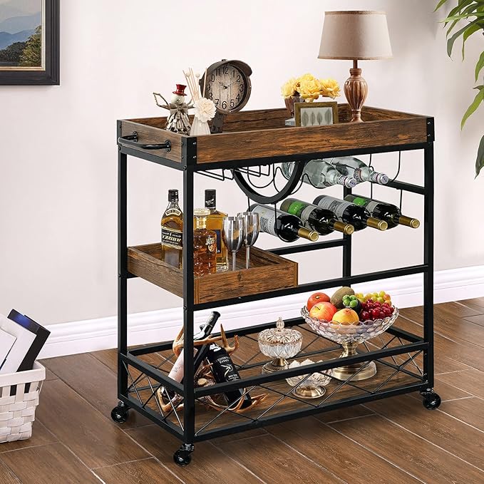 Bar Cart for The Home, 3 Tire Industrial Rolling Serving Cart on Lockable Wheels, Alcoholic Beverage Trolley with 2 Removable Trays, Wine Rack and Glass Holder for Indoor, Outdoor-Ruum Studio Home