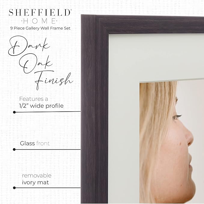 Sheffield Home 9 Piece Gallery Wall Frame Set, 11x14 Inch, Dark Oak-Ruum Studio Home