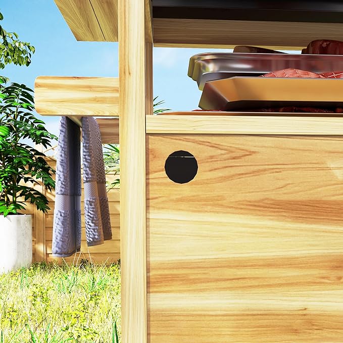 Outsunny Outdoor Grill Cart with Wheels and Storage, Solid Wood Outdoor Kitchen Island with Stainless Steel Top, Movable Bar Cart with Spice Rack, Side Handle, Integrated Hole for BBQ, Natural Wood-Ruum Studio Home