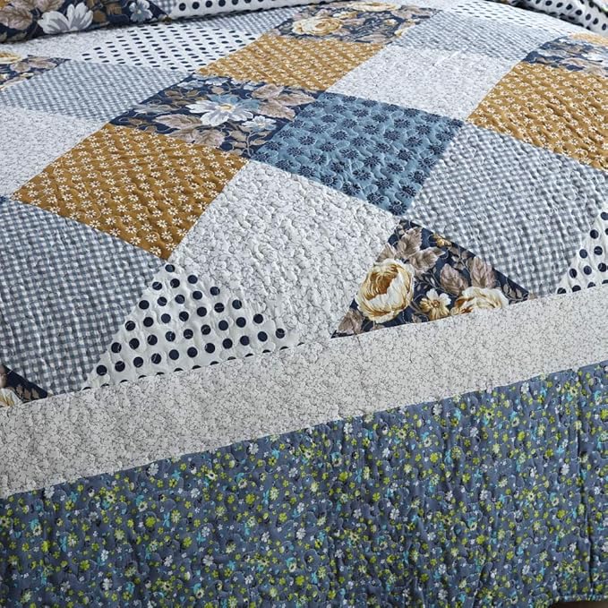 NEWLAKE Quilt Bedspread Sets-Checkered Floral Reversible Coverlet Set,Queen Size-Ruum Studio Home