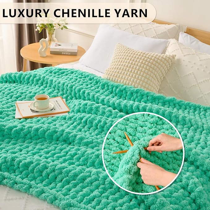 L'AGRATY Chunky Knit Blanket Throw: 50''x60'' Chenille Chunky Knitted Throw Blanket for Bed Couch - Handmade Thick Big Cable Knit Blanket - Large Crochet Rope Blanket for Home Decor(Aqua)-Ruum Studio Home