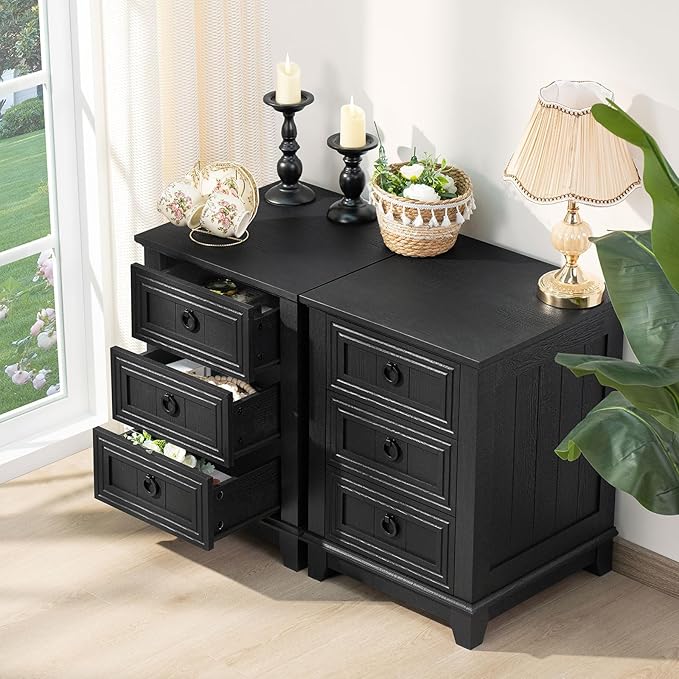 Farmhouse Night Stand Set of 2, 18" End Table with 3 Drawer Metal Handle, Dresser for Bedroom, Sofa Bed Side Table Chest of Drawers,Wood Nightstand Cabinet for Organizer, Living Room-Black-Ruum Studio Home