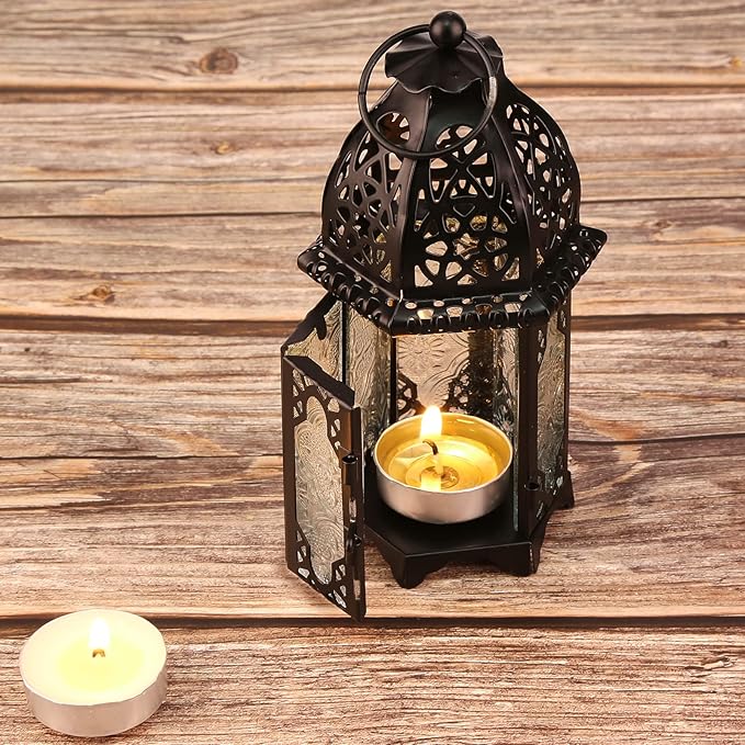 Metal Candle Holder 4PCS Transparent Glass Moroccan Style Hanging Lanterns Creative Wedding Home Tabletop Decoration Birdcage, Black-Ruum Studio Home
