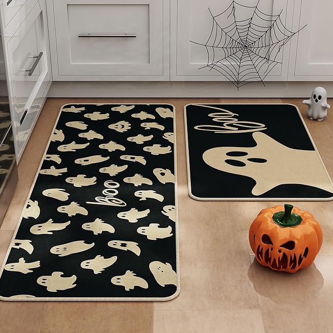 Halloween Kitchen Mat Set of 2, Ghosts Boo Halloween Kitchen Decor, Halloween Rug for Floor, Indoor Spooky Home Decor with Non-Slip Backing,17 x 29 Inch & 17 x 47 Inch-Ruum Studio Home