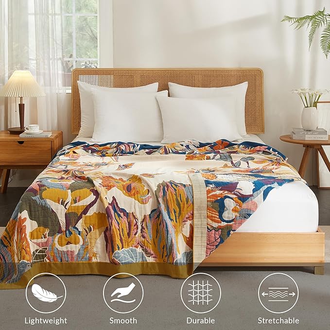 Boho Throw Blanket for Couch Sofa Bed, 100% Cotton Woven Quilt with Tassel 60”x80”, Super Soft Muslin Blanket with Floral Printed, Decorative Reversible Bed Blanket/Cover for All Seasons-Ruum Studio Home