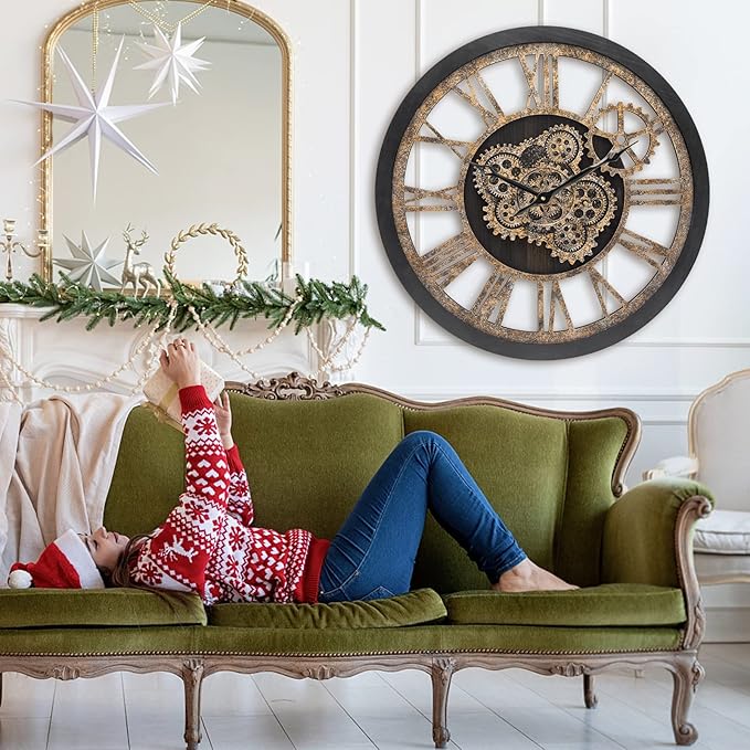 HOIBAI Large Wall Clock, Wall Clocks for Living Room Decor 20 Inch Farmhouse Vintage Rustic Kitchen Wall Decor Vintage Roman Oversized Wall Clock for Home Bedroom House Office, Moving Gears Clock-Ruum Studio Home
