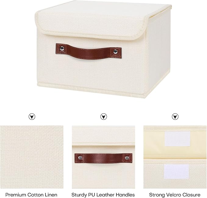 ANMINY 2PCS Storage Bins with Lid PU Leather Handles Storage Boxes PP Plastic Board Decorative Foldable Lidded Cotton Linen Fabric Home Cubes Baskets Closet Organizer Containers - Beige, Small Size-Ruum Studio Home