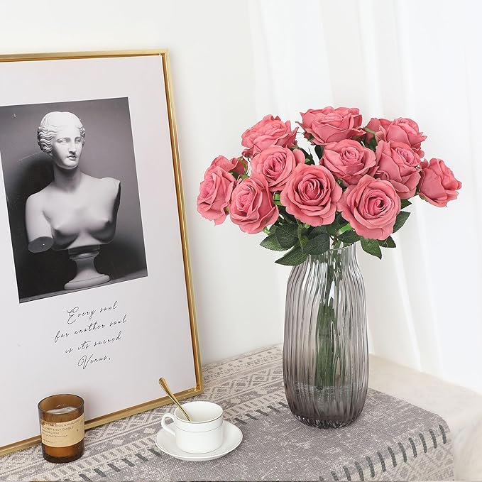 Pink Fake Roses Artificial Flowers - 16 Pcs Fake Artificial Roses Silk Flowers with Stems for Home Wedding Hotel Office Centerpiece Decor（Coral Pink）-Ruum Studio Home