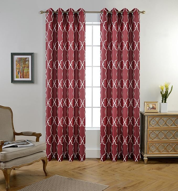 MIUCO Moroccan Embroidery Semi Sheer Curtain Panels Faux Linen Grommet Curtains for Kids Room 52 x 95 Inch 2 Panels, Burgundy-Ruum Studio Home