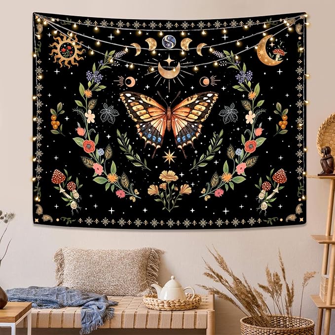 Lunerfex Boho Butterfly Tapestry Flower Moon Wall Tapestry, Moon Phases Tapestries for Bedroom Cute Tapestries Wall Hanging for Bedroom Living Room Decor Butterfly-1 60"x80"-Ruum Studio Home