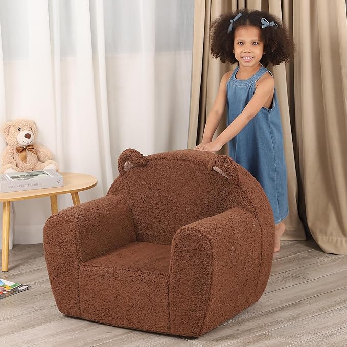 Comfy Toddler Chair, Cuddly Sherpa Teddy Bear Kids Sofa, High Back Kids Reading Chair for Boys and Girls, Brown-Ruum Studio Home