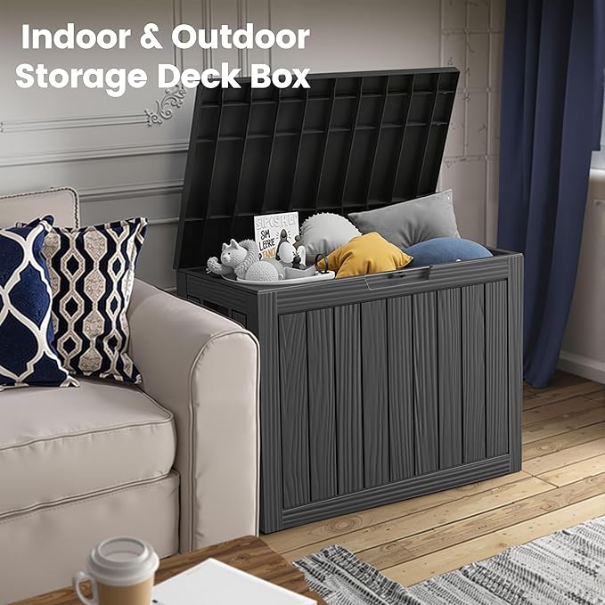 45 Outdoor Storage Box, Waterproof Resin Deck Box with Side Handles, Lockable Outdoor Bench for Indoor & Outdoor Use, Storage Bin for Patio Cushions, Garden Tools, Package Delivery, Black-Ruum Studio Home