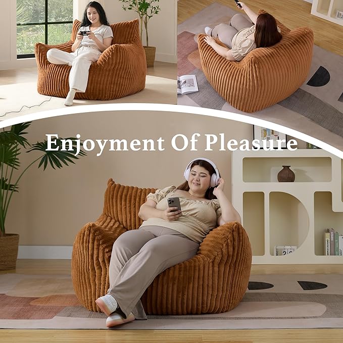 Giant Plush Bean Bag Chair for Adults with Armrests - Oversized Comfy Orange Beanbag Lounge Lazy Floor Sofa Accent Chair for Living Room, Bedroom & Dorm, Cozy Fluffy Single Cloud Mini Couch-Ruum Studio Home